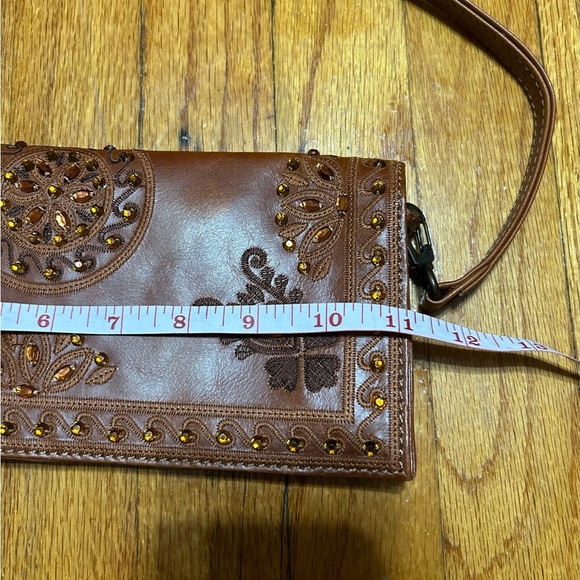 Wilsons Vtg Leather Brown Gem Embroidered Embellished Arm Clutch Fold Over Bag - Picture 11 of 13